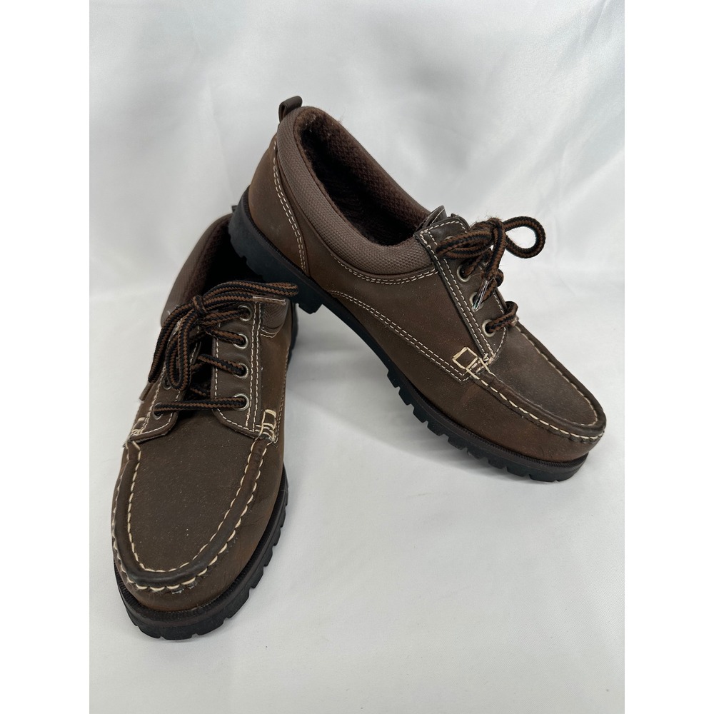Basic Editions Boat Shoes Women 7 Brown Classic Sport Plaid Lined Loafers Lug